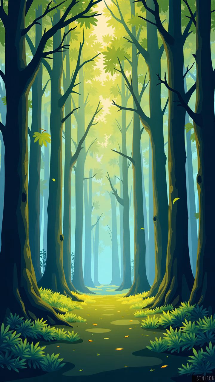 A peaceful forest path surrounded by towering trees and vibrant greenery.