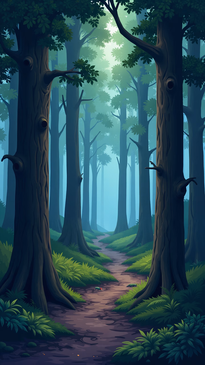 A mystical forest path surrounded by tall trees and lush greenery, evoking a sense of peace and wonder.