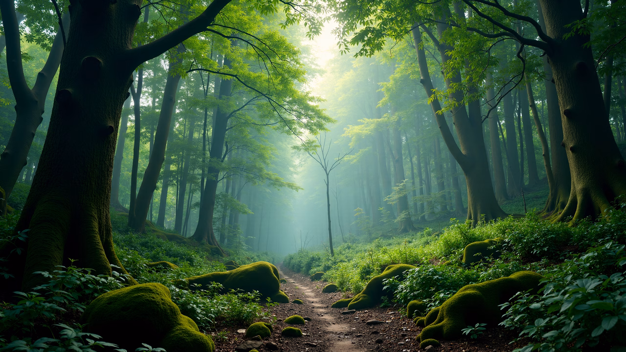A peaceful forest path surrounded by tall trees and lush greenery, bathed in natural light.