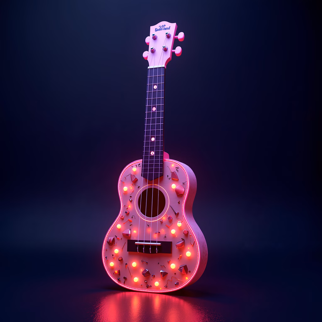 Vibrant neon guitar illustration with metallic accents and dark background.
