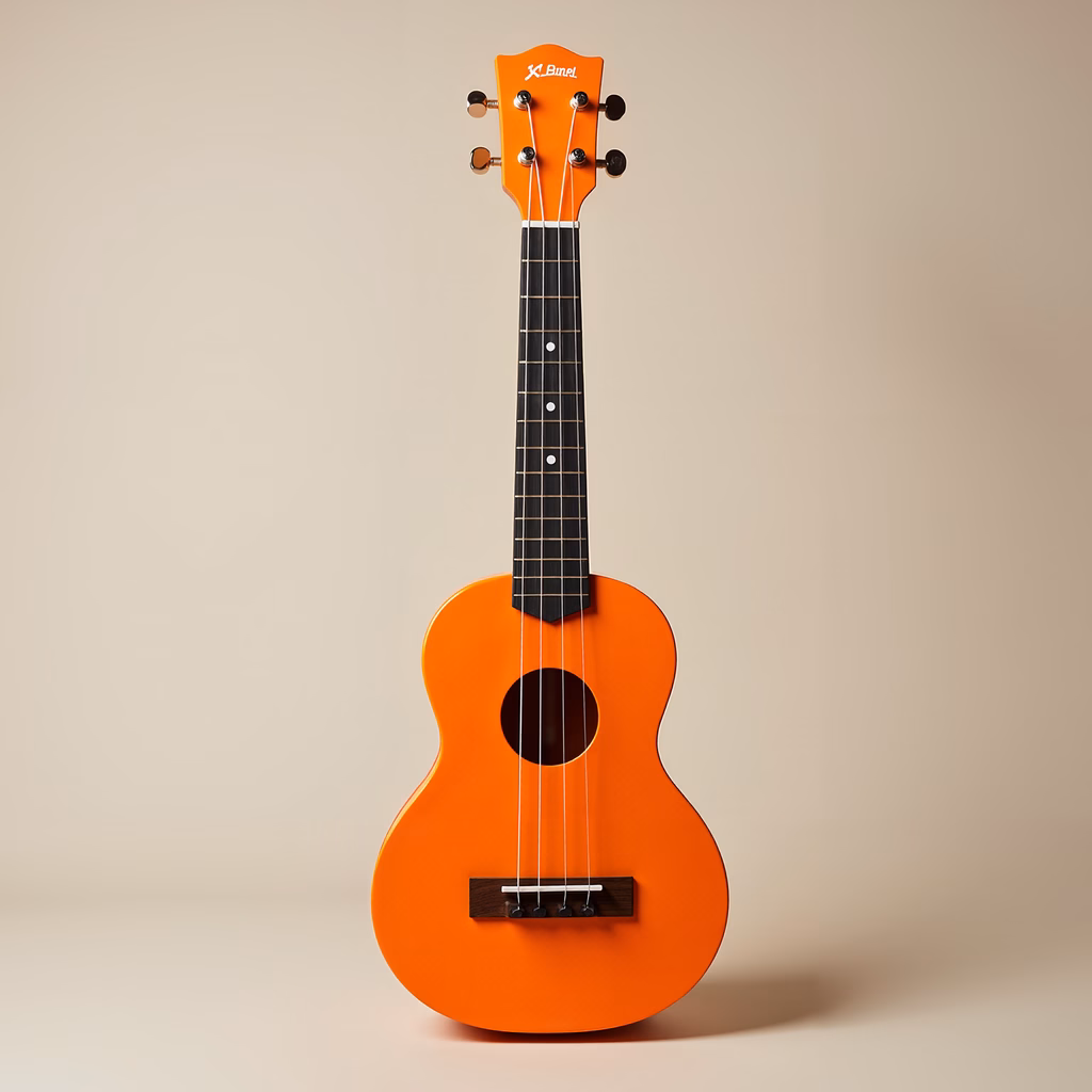 Bright orange ukulele against a neutral backdrop, perfect for music enthusiasts.