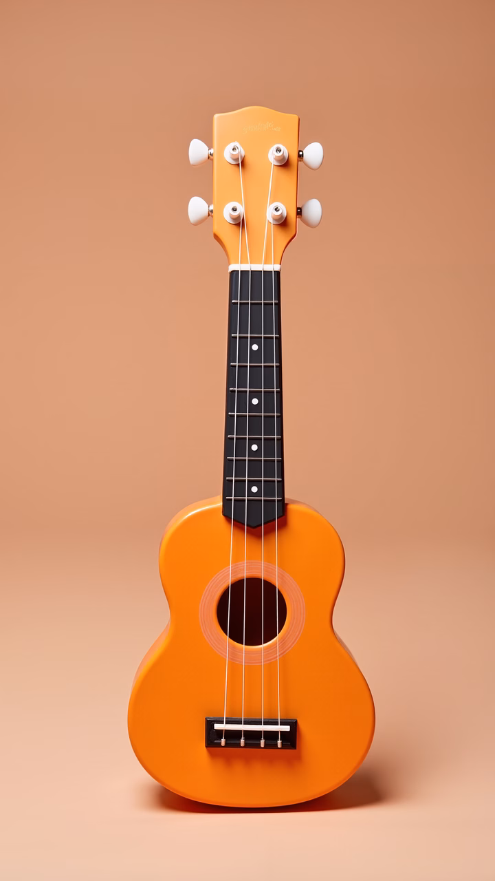 Vibrant orange ukulele against a peach backdrop, perfect for music lovers.