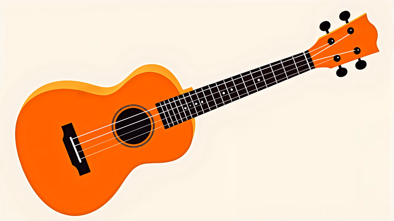 Brightly colored ukulele illustration on a white background.
