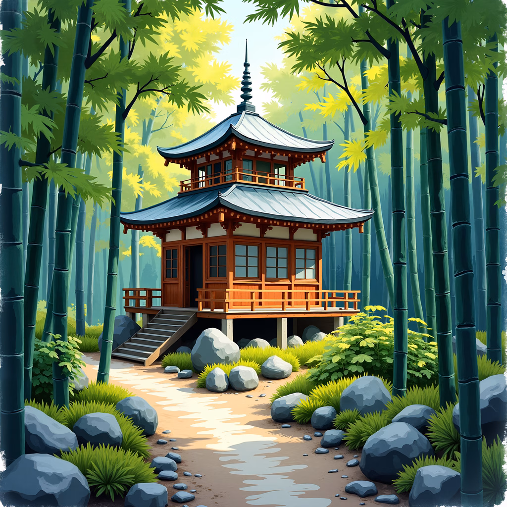A tranquil pagoda surrounded by a bamboo grove, blending tradition with nature.