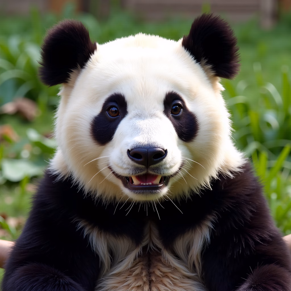Close-up portrait of a panda with natural lighting and soft green background.