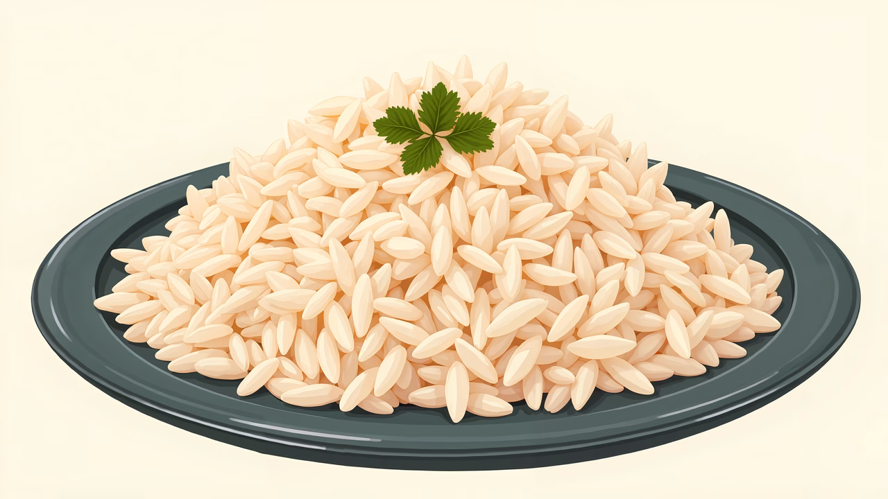 Illustrated pile of rice on a dark green plate, neutral background, fresh herbs.