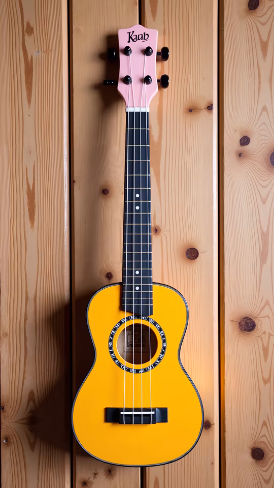 Pink Ukulele on Wooden Background