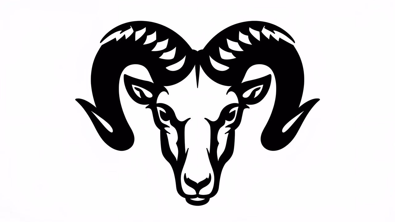 Bold black and white illustration of a ram's head with large, curved horns.