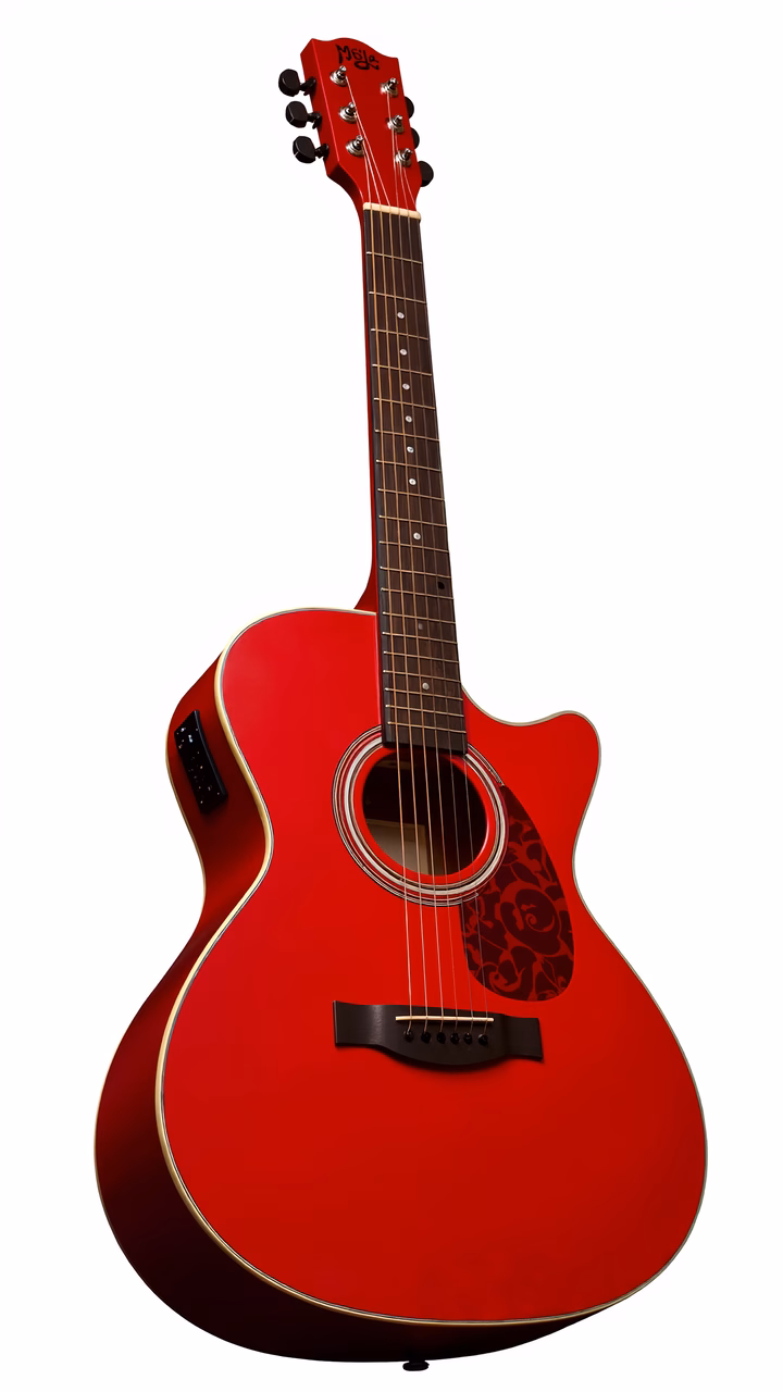 Glossy red acoustic guitar with black floral sound hole on white background