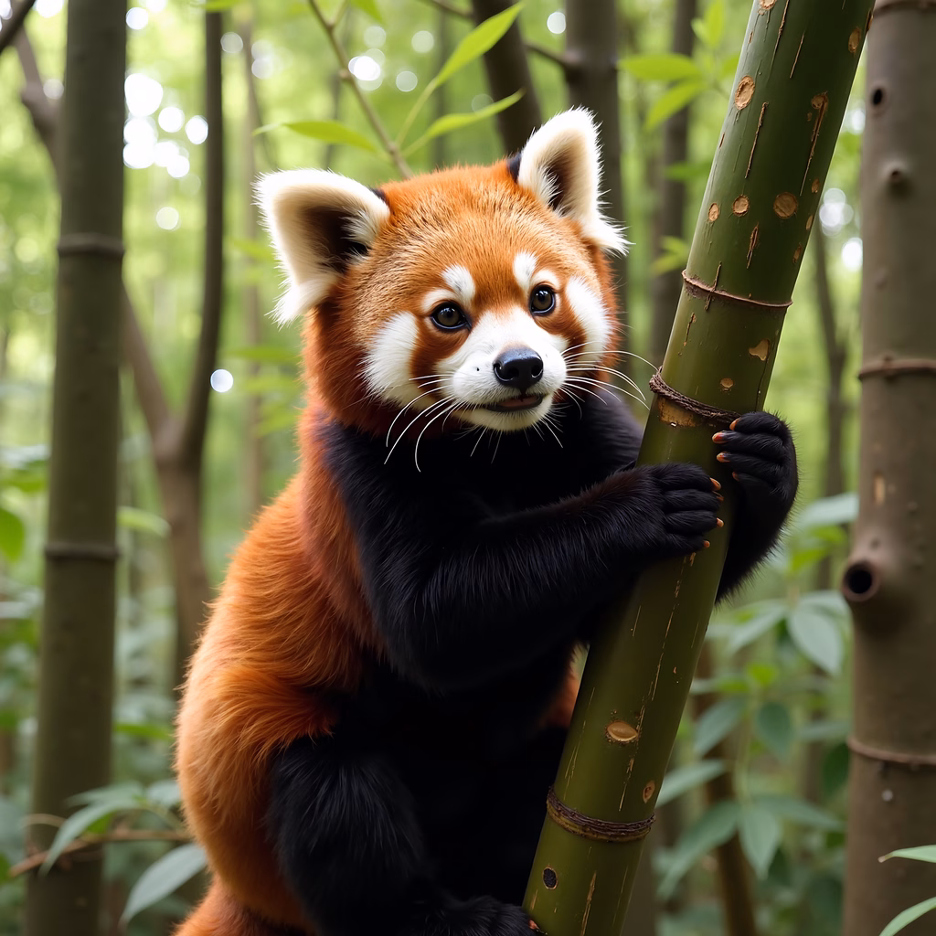 Close-up of a red panda climbing bamboo in a serene forest setting.
