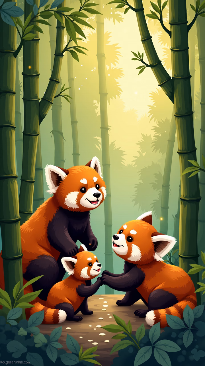 Cute red pandas in a tranquil bamboo forest, illustrating nature's beauty and serenity.