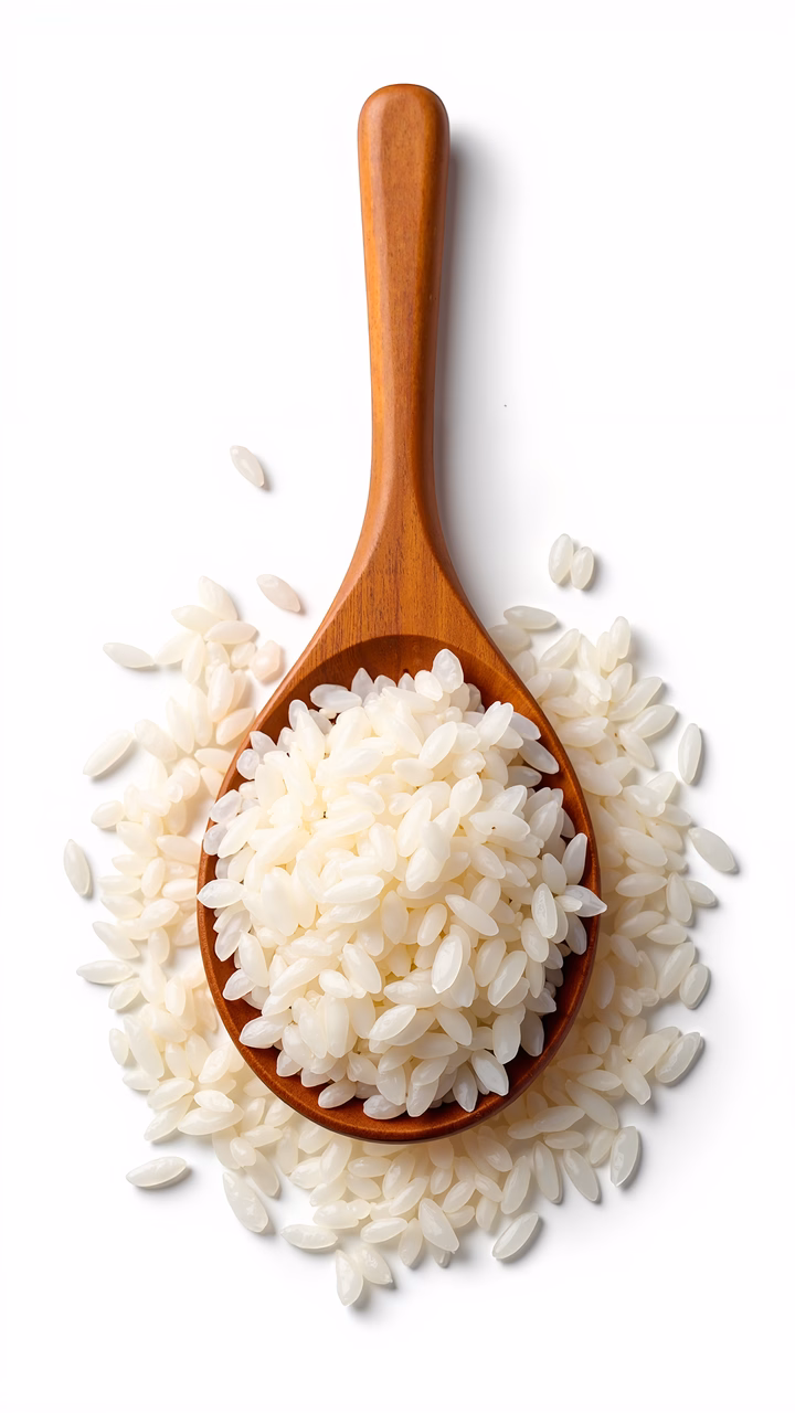 A wooden spoon filled with white rice on a clean white backdrop.