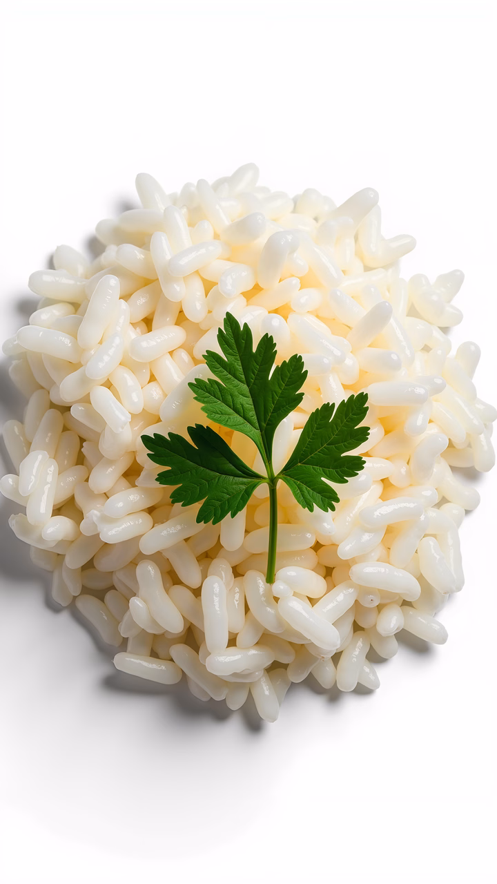 Close-up of steamed rice with parsley garnish, emphasizing freshness and simplicity.