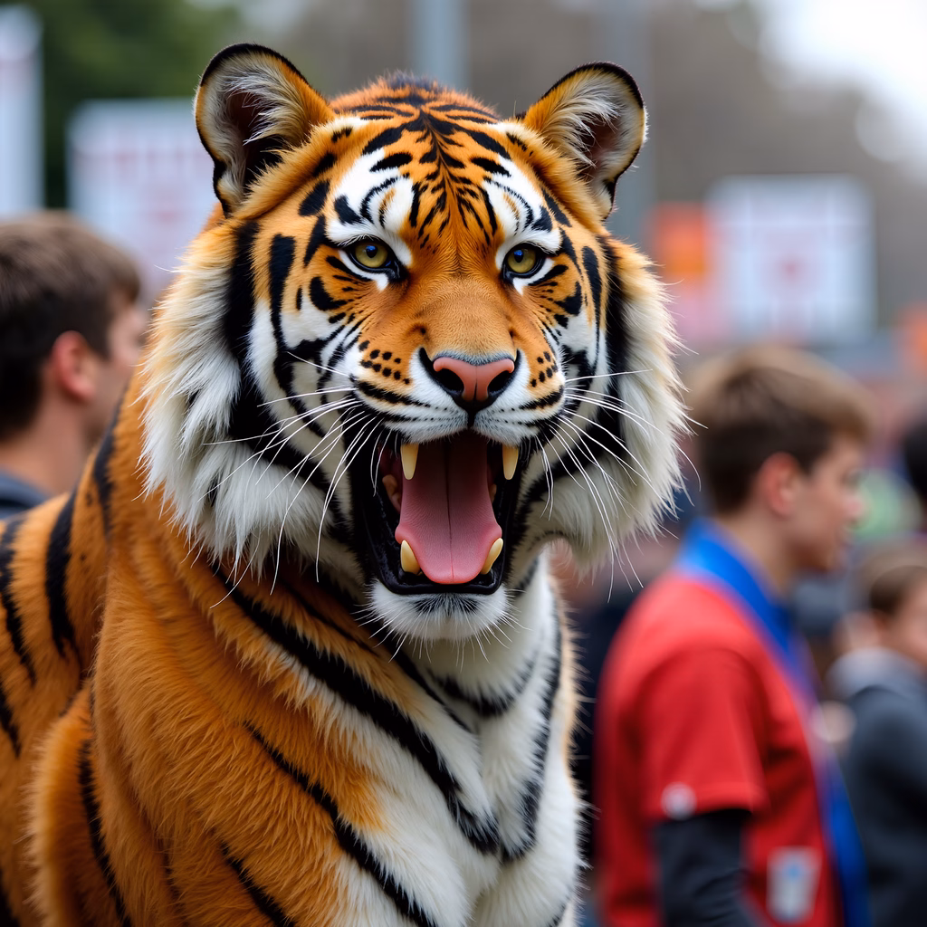 Close-up of a tiger's fierce roar, highlighting its vibrant fur and sharp teeth.