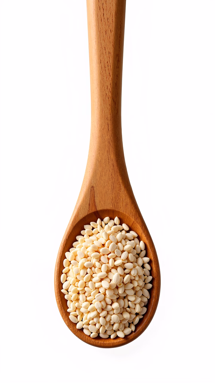 Close-up of sesame seeds in a wooden spoon on a white background.