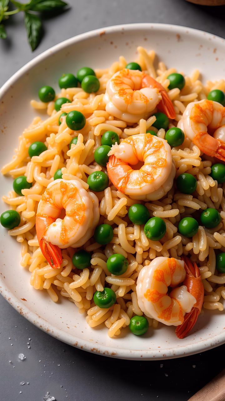 Close-up of shrimp pasta with peas, rustic white plate, fresh and simple meal