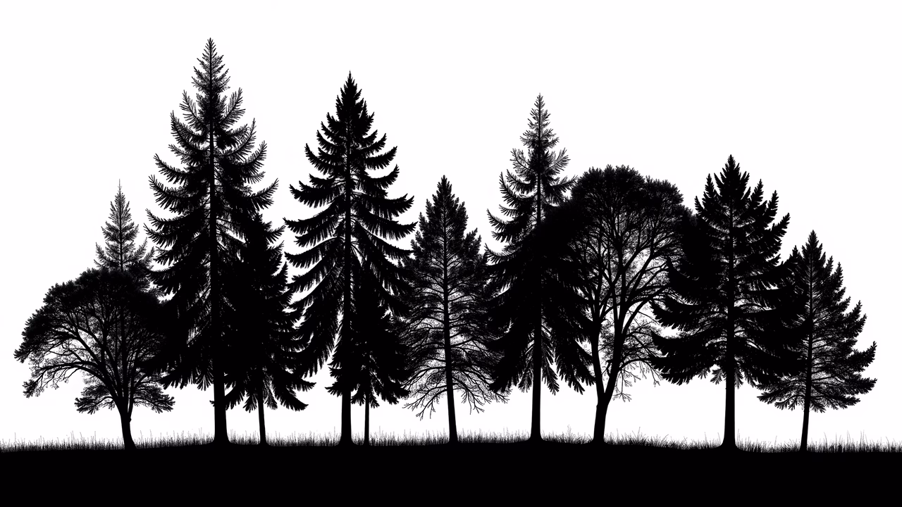 Black-and-white silhouette of a forest row, evoking tranquility and solitude.