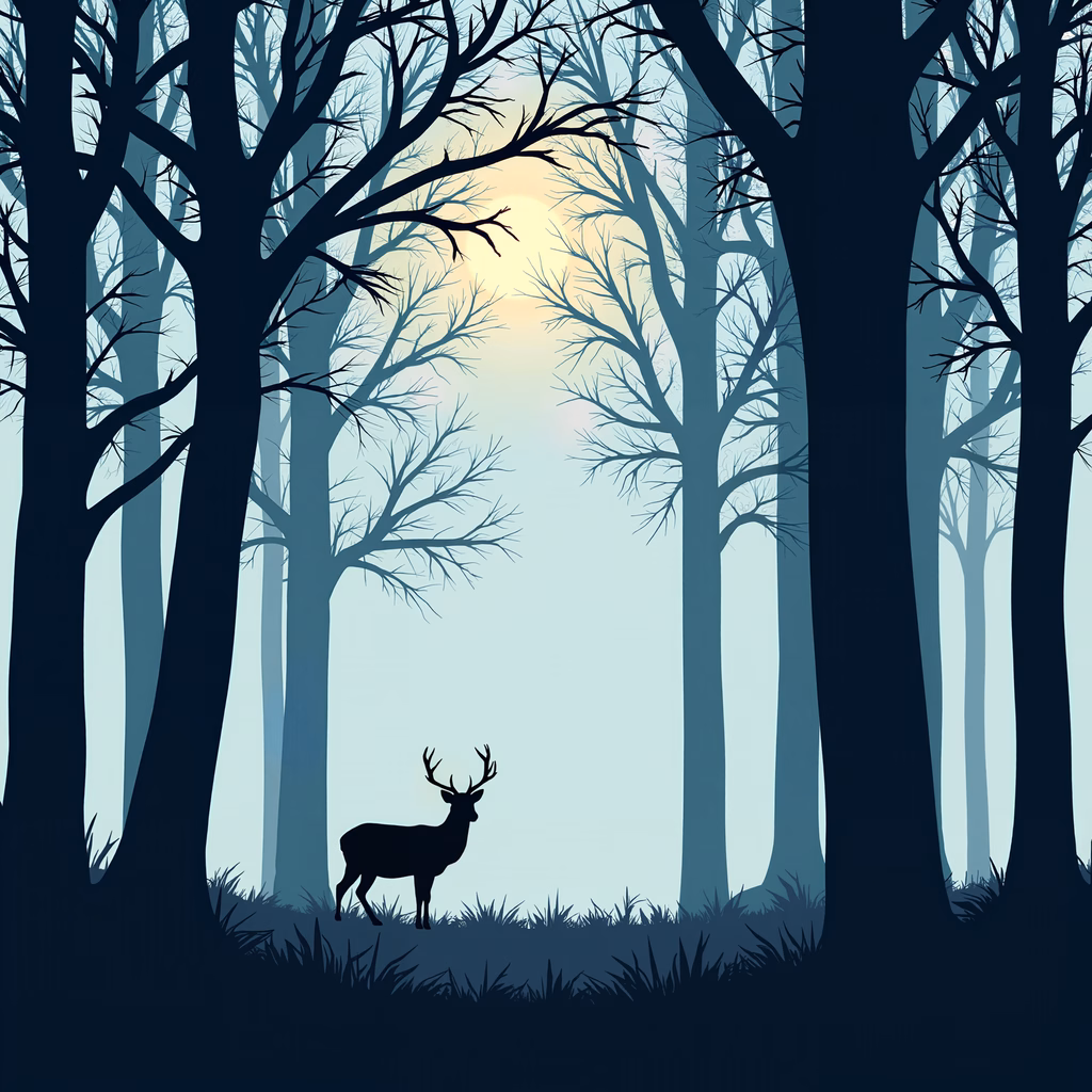 A tranquil forest scene with a deer silhouette at dusk.