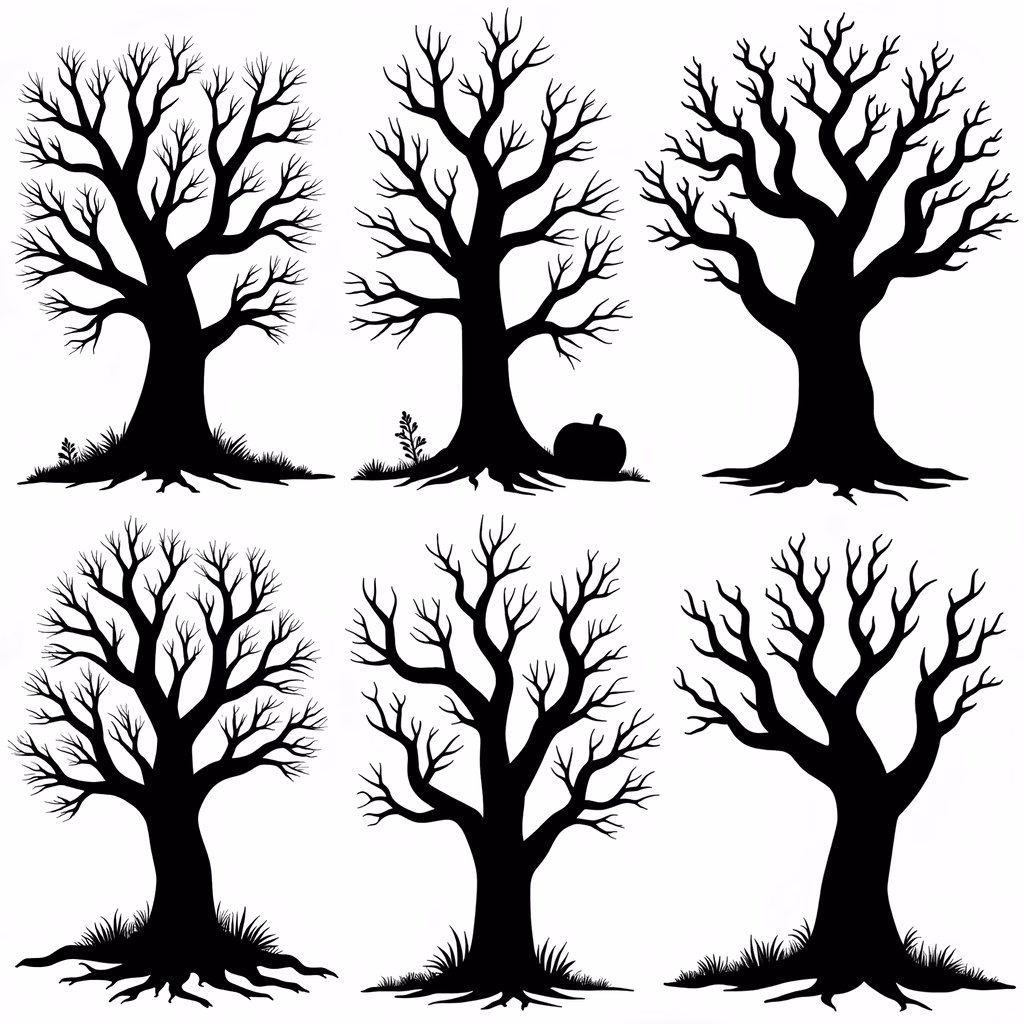 Six black silhouettes of bare trees on a white background, symbolizing winter's tranquility.