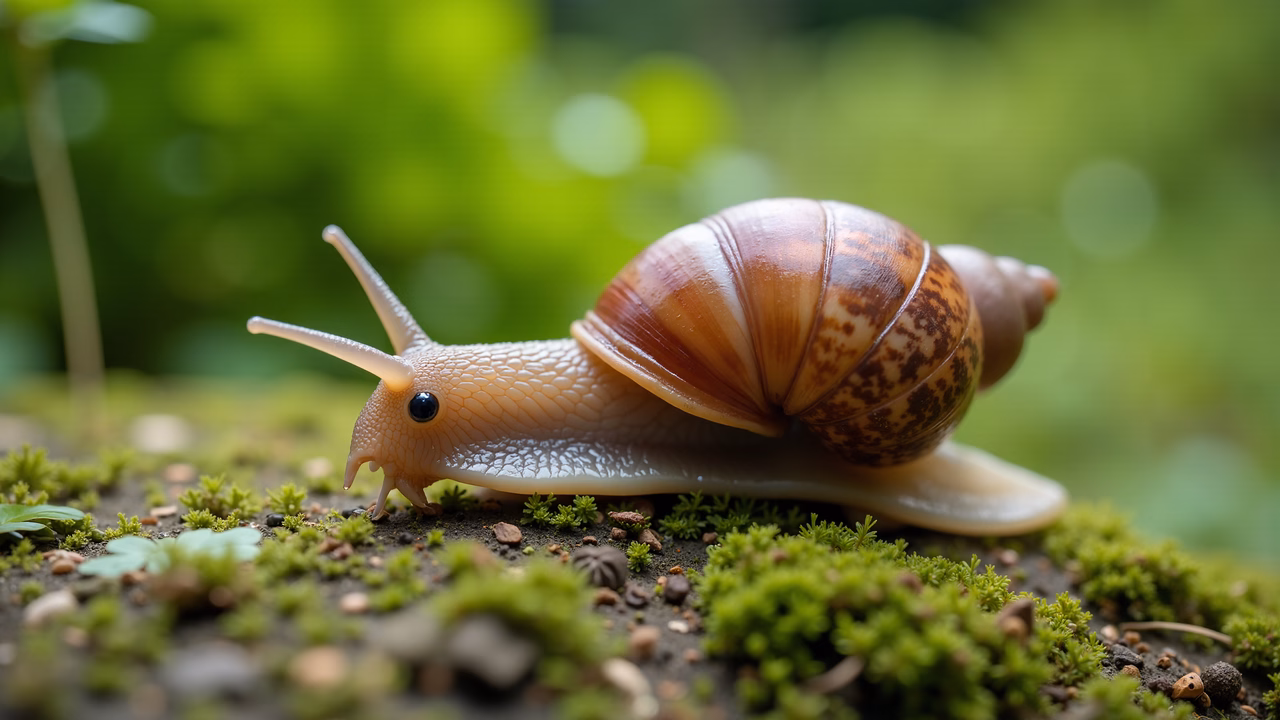 Close-up of a snail on a mossy surface, highlighting its natural beauty and serene environment.