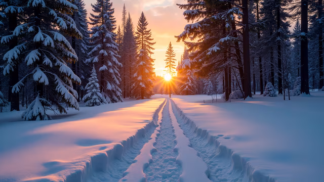 Snowy Path at Sunset