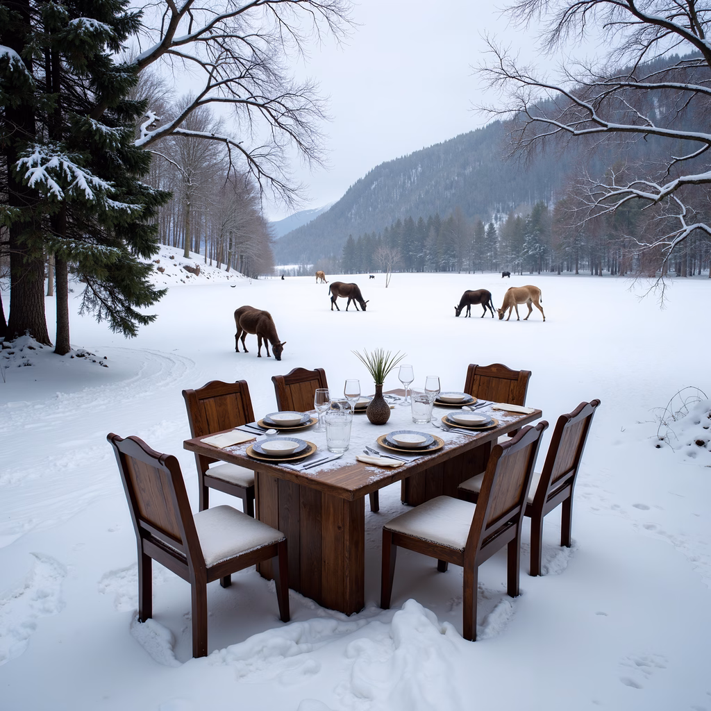 A snowy table setting in a serene winter landscape with grazing horses.