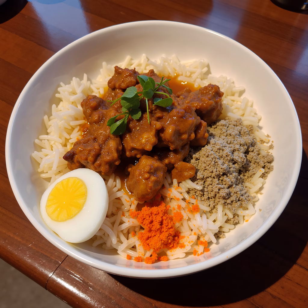 A mouthwatering beef bowl with spicy sauce, rice, and garnishes.