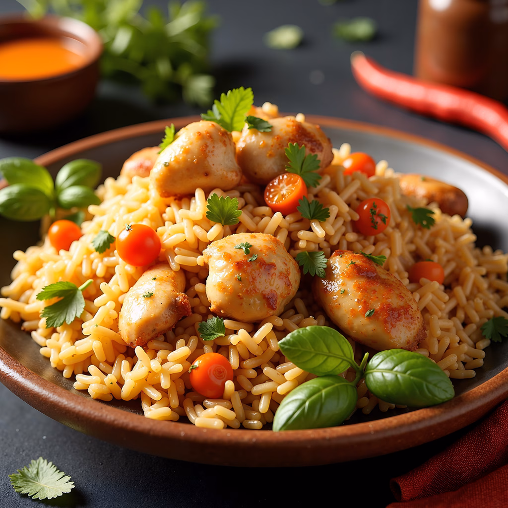 Spicy chicken and rice dish with basil and cherry tomatoes