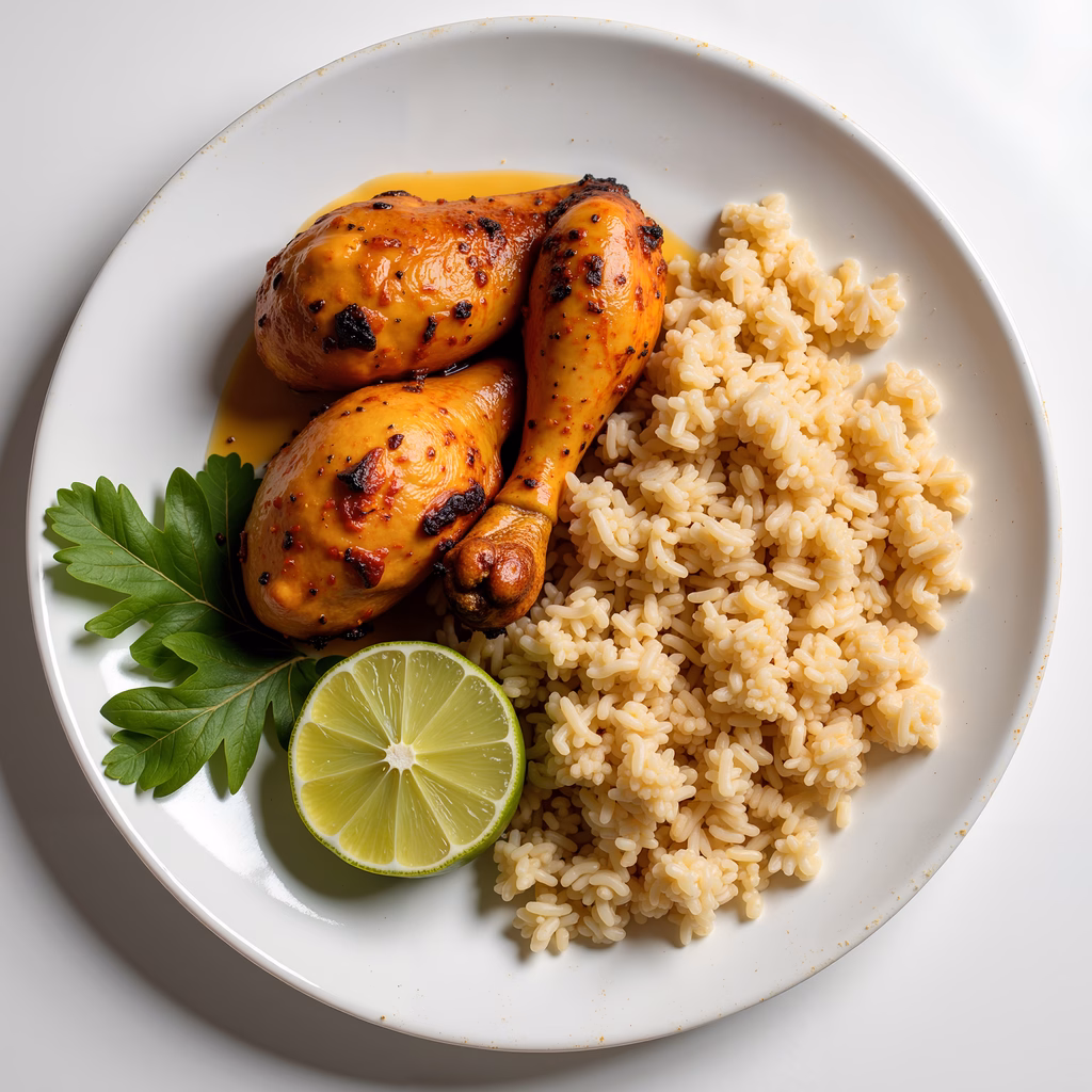 Spicy chicken thighs with rice, garnished with lime and parsley, presented in a visually appealing manner.