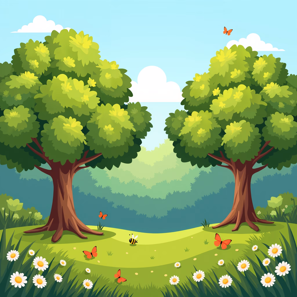 A peaceful spring forest scene with green trees, white flowers, and butterflies flying around.