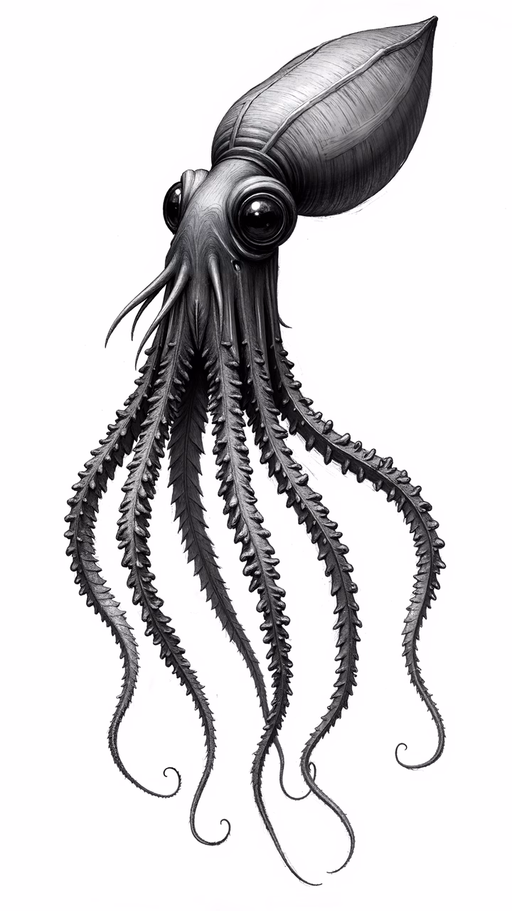 Detailed monochrome squid illustration, evoking mystery and curiosity.