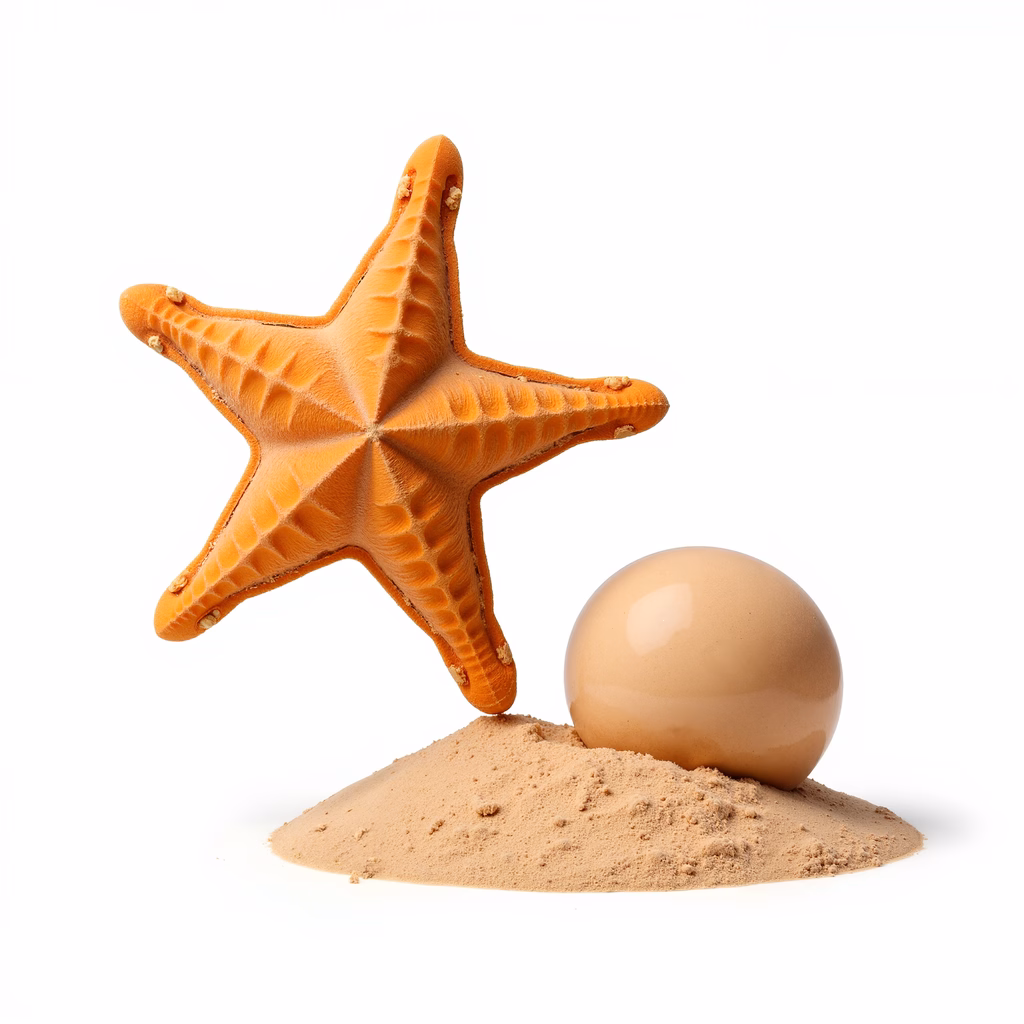 Close-up of starfish and egg on sand, evoking natural beauty and tranquility.