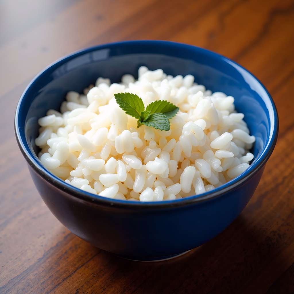 Close-up of steaming white rice in a blue bowl, garnished with mint.
