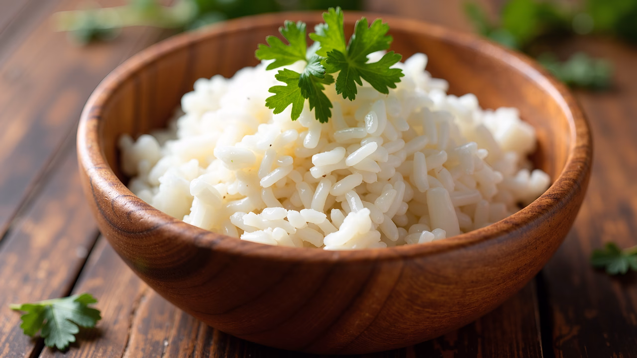Close-up of steamed rice in a wooden bowl, garnished with cilantro, perfect for a comforting meal.