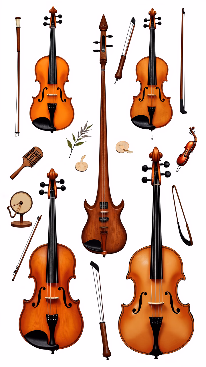 A detailed illustration of string instruments, showcasing their beauty and craftsmanship.