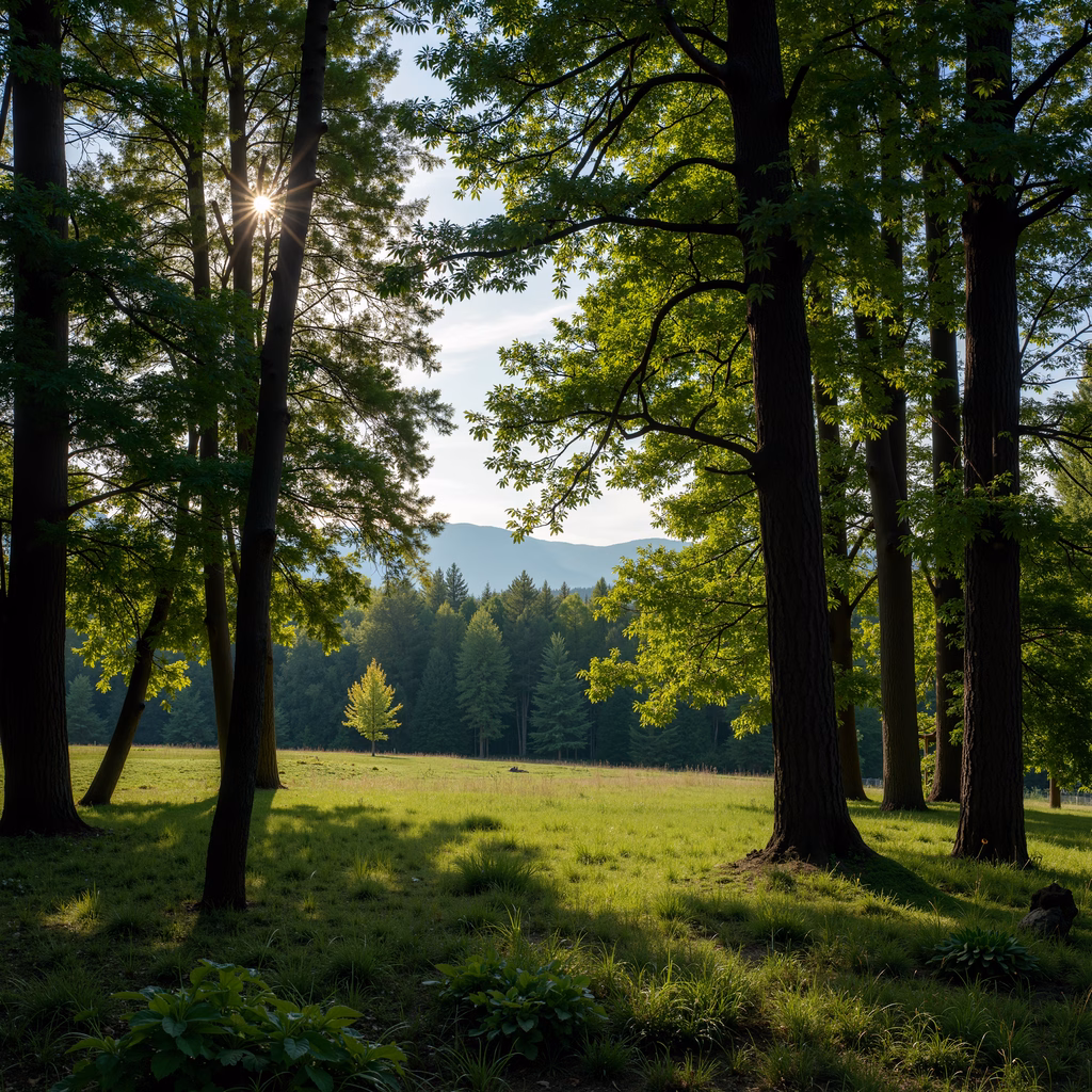 Golden sunlight illuminates a lush forest with vibrant greenery and distant mountains.