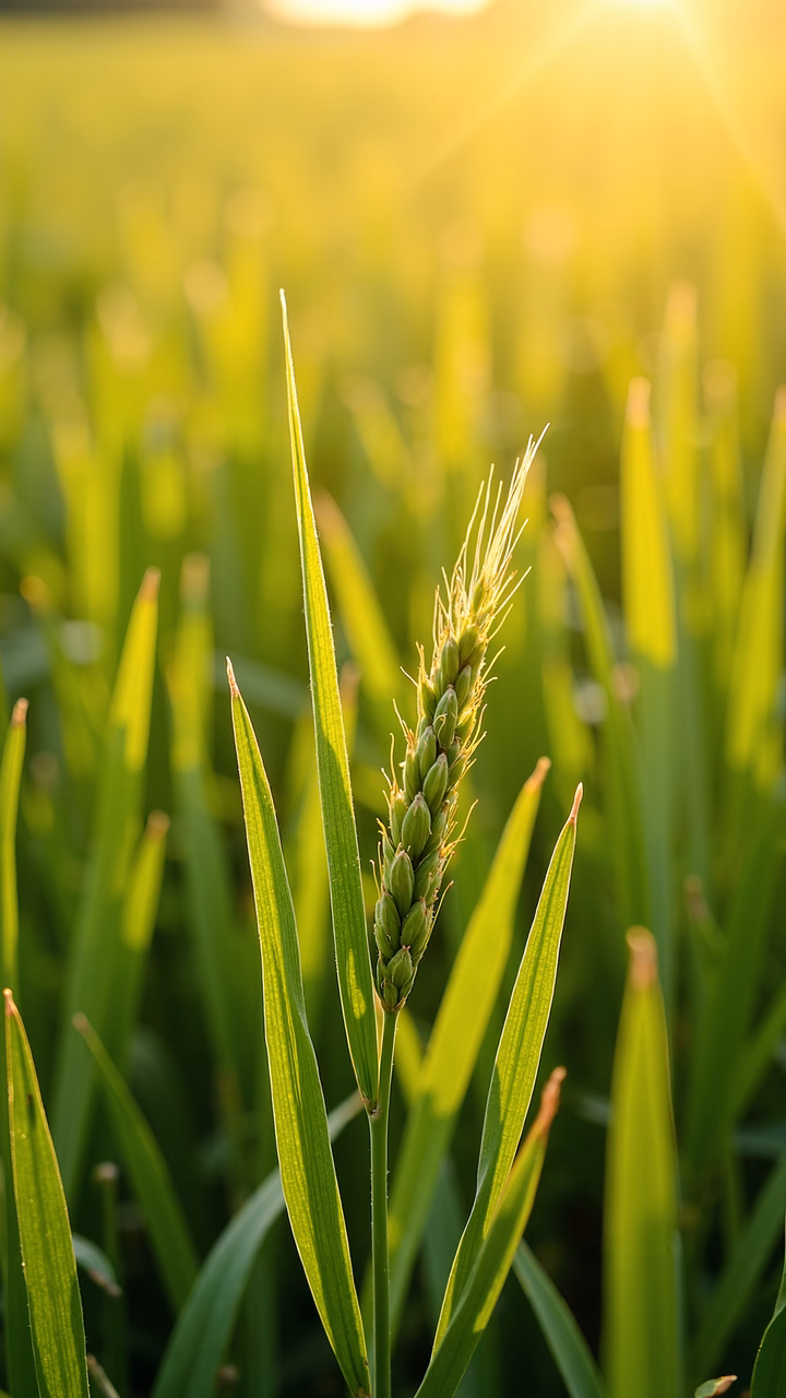 Close-up of sunlit wheat stalks, capturing the essence of nature and harvest time.