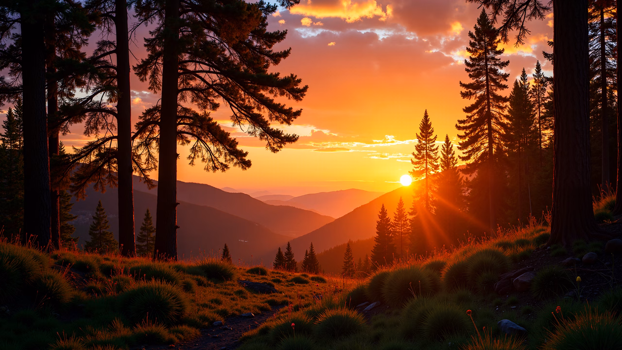 A stunning sunset over a mountainous landscape with vibrant colors and serene vibes.