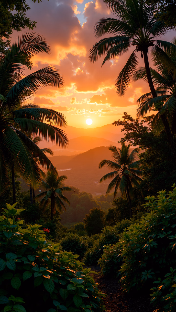 A tranquil sunset over a tropical paradise with vibrant colors and lush foliage.