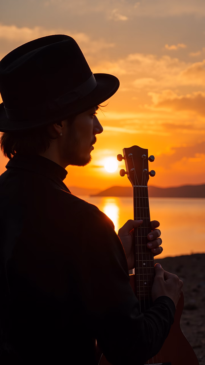 Silhouette musician playing ukulele at sunset