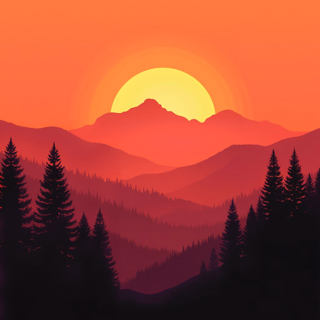 A tranquil sunset scene with vibrant orange hues and evergreen trees.
