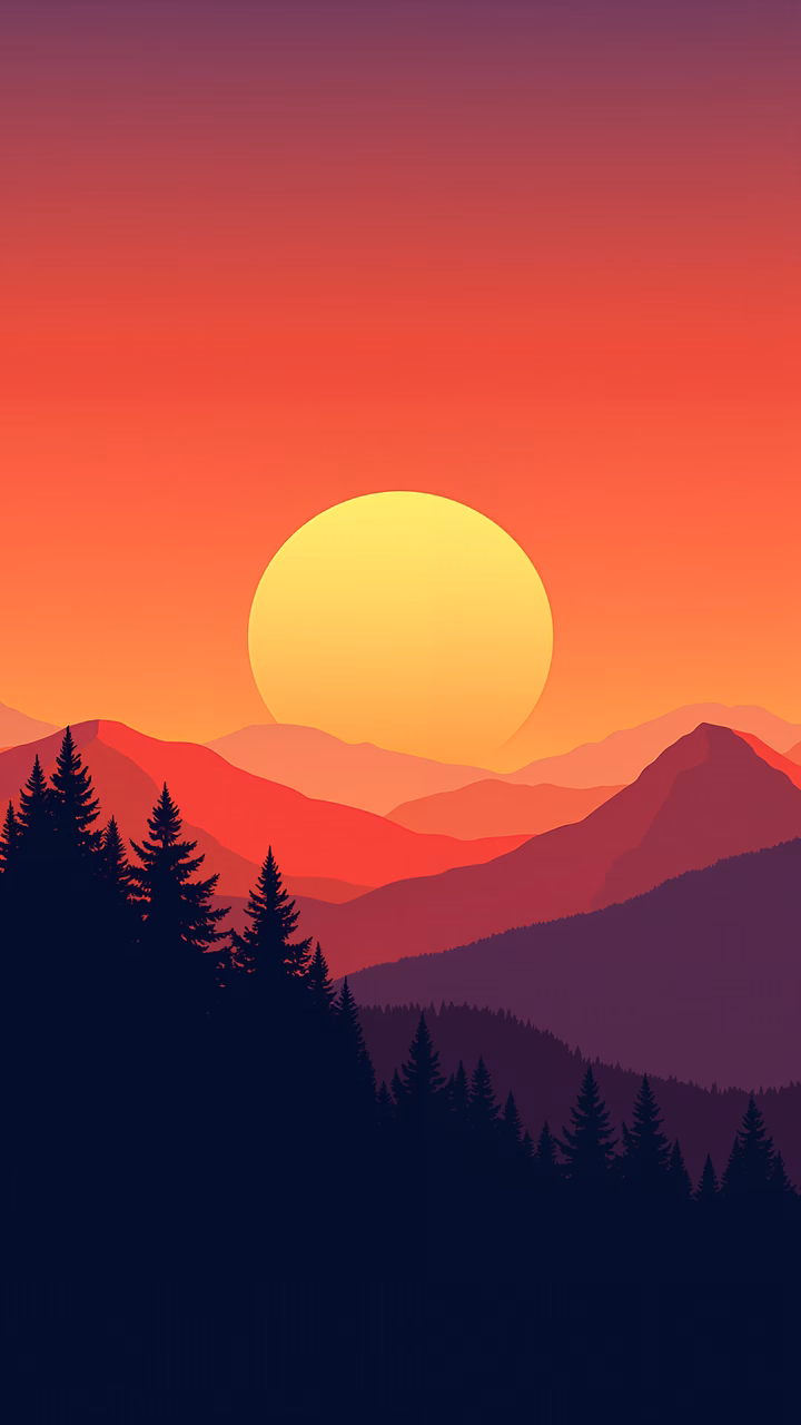 Minimalist sunset illustration with warm tones and tranquil atmosphere.