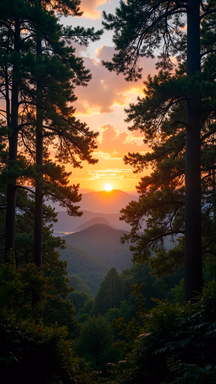A tranquil sunset scene framed by pine trees, capturing the serene beauty of nature.