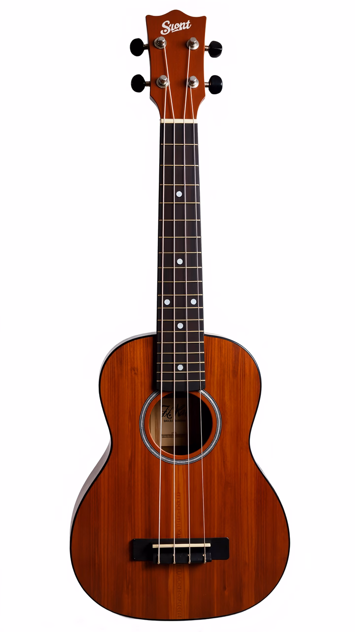 Close-up of a Suont ukulele against a white background.