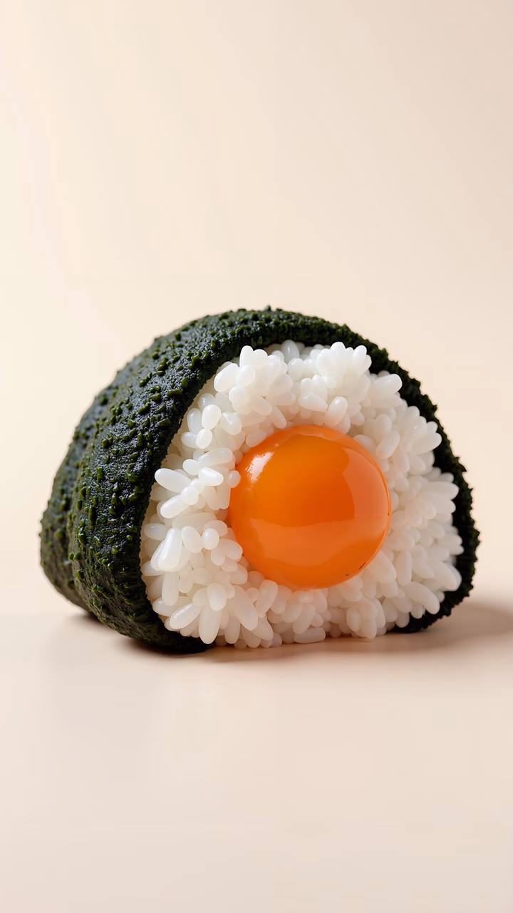 Close-up of sushi roll with vibrant orange roe and white rice, wrapped in seaweed.