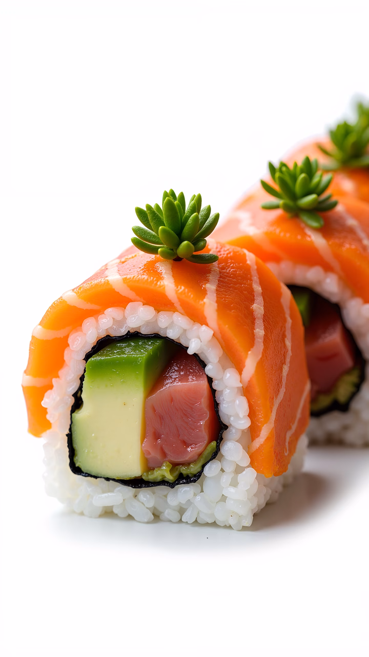 Close-up of a sushi roll with salmon, avocado, and tuna, garnished with green plants.