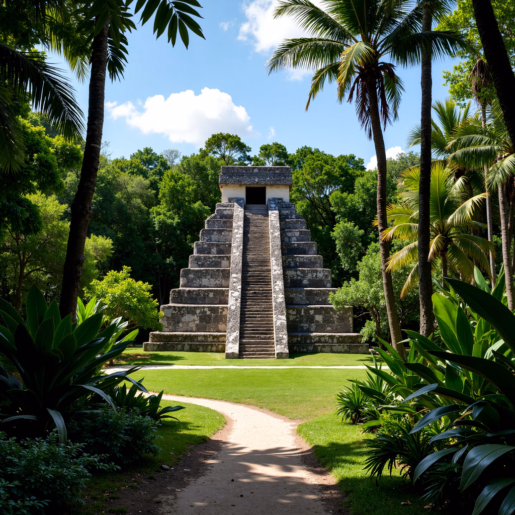 Ancient Mayan pyramid amidst tropical foliage under a clear blue sky.