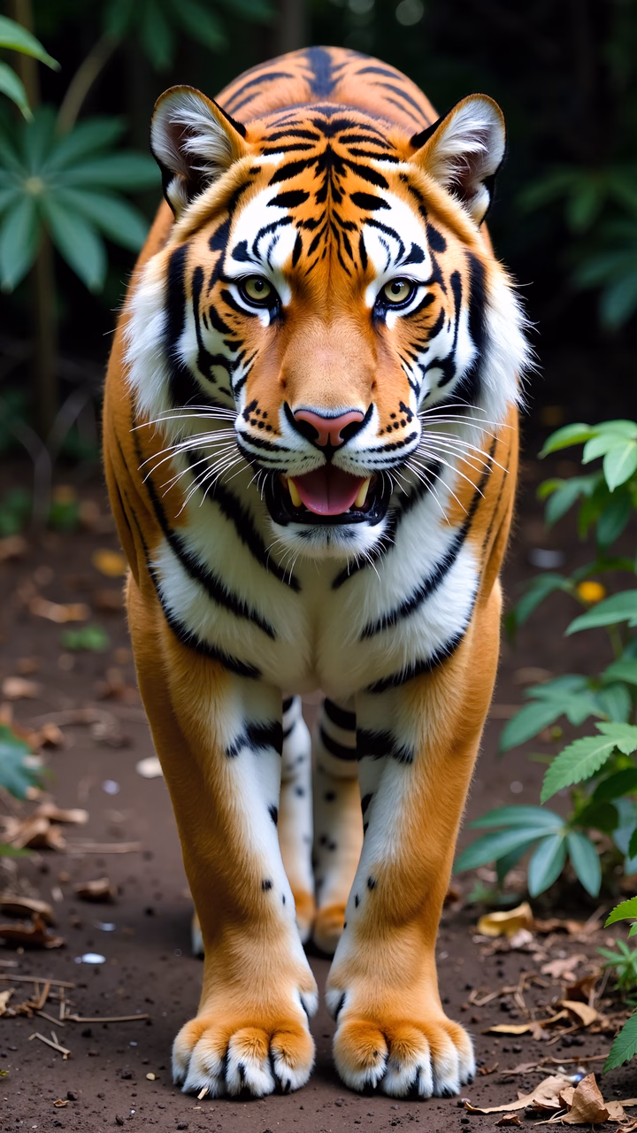 Close-up of a tiger roaring in a natural setting.