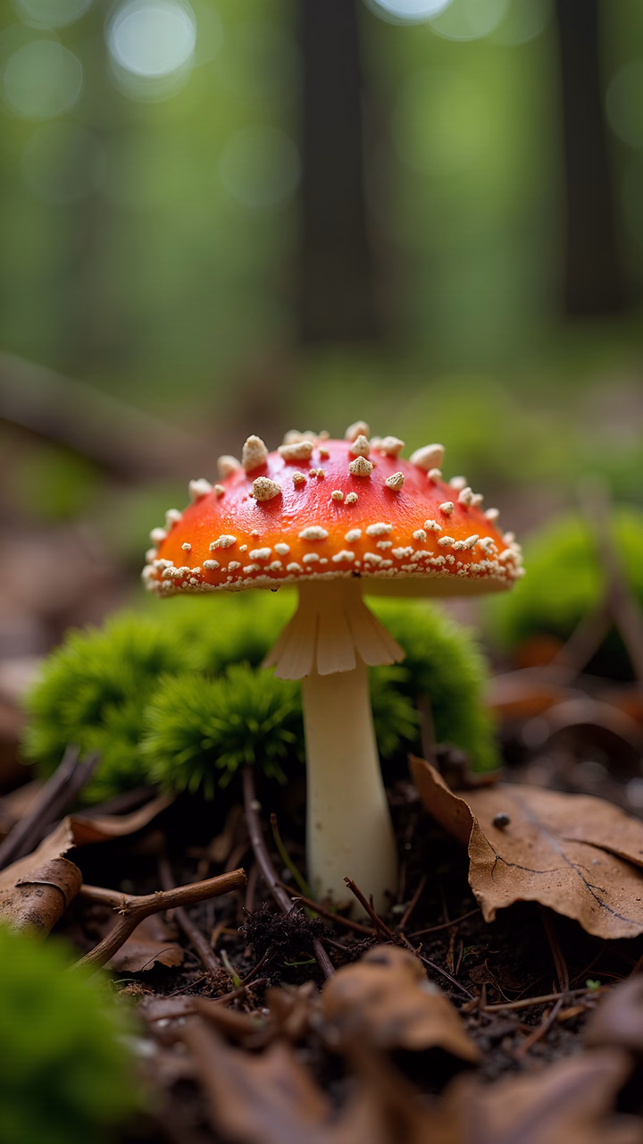 Vibrant red toadstool amidst a green forest, evoking mystery and enchantment.