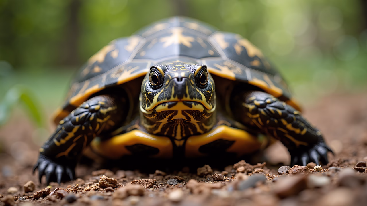 Close-up of a tortoise with detailed shell patterns, set against a natural background.